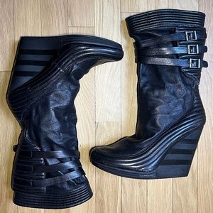 Y-3 Yohji Yamamoto Black Slouchy Buckle Wedge Boots Size 9 (UK 7)